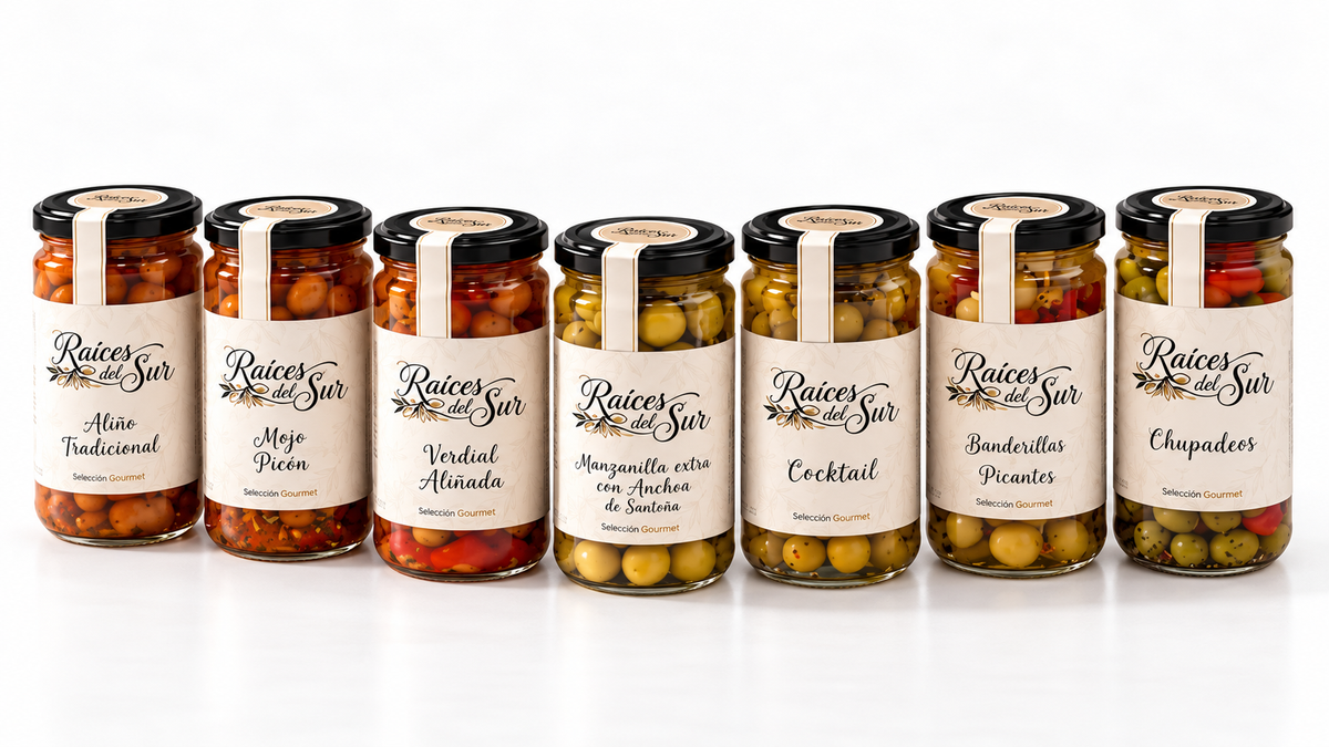 Pack Selección Gourmet · Las 8 Aceitunas Raíces del Sur · 2 DE REGALO