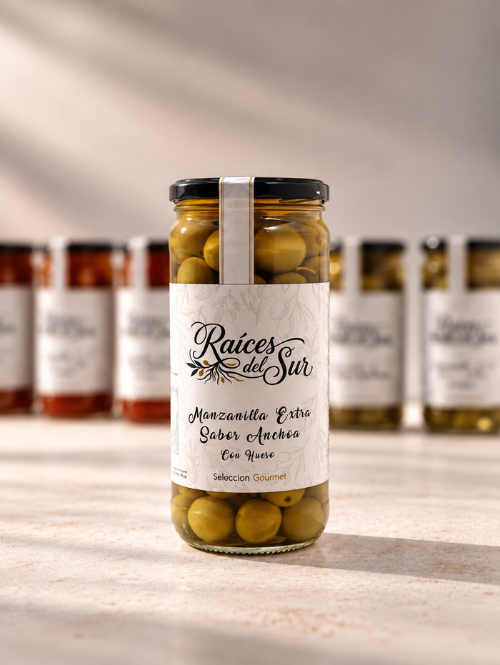 Aceituna Manzanilla Extra con Hueso · Sabor Anchoa · SELECCIÓN GOURMET · 700 g