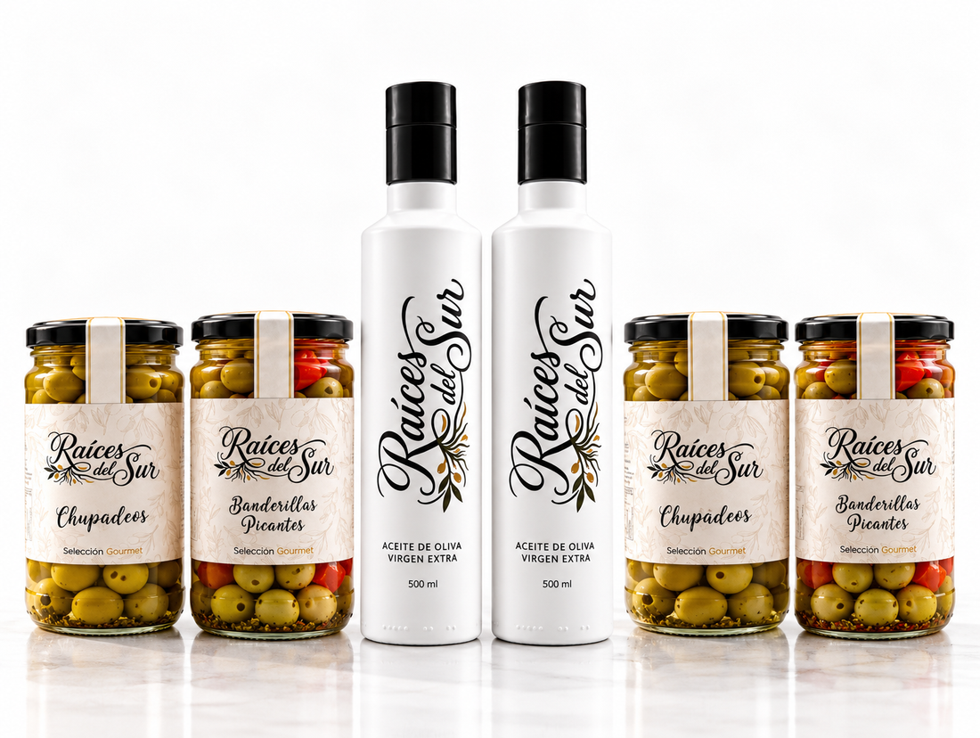 Pack Aceitunero · 2 AOVE Primer Día + 4 Aceitunas Gourmet
